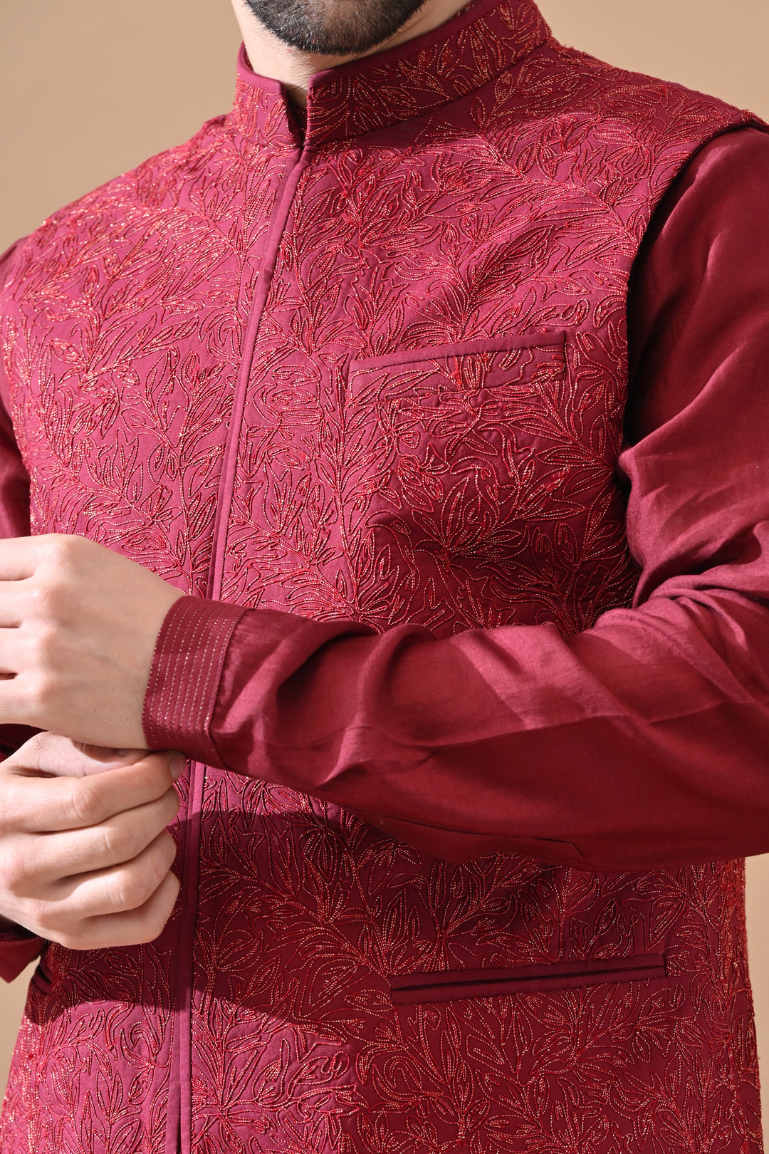 Deep Maroon Embroidered Waistcoat Kurta Set