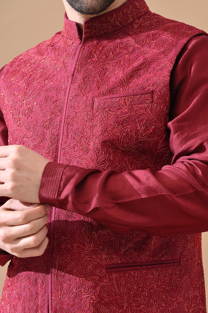 Deep Maroon Embroidered Waistcoat Kurta Set