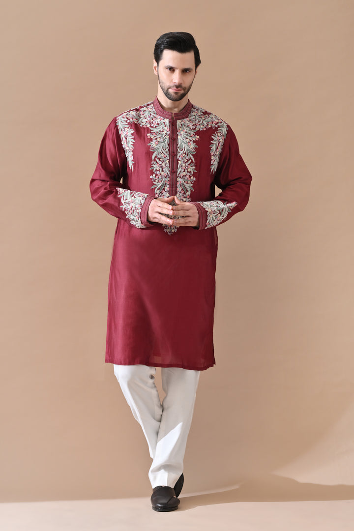 Maroon Signature Embroidery Kurta Set
