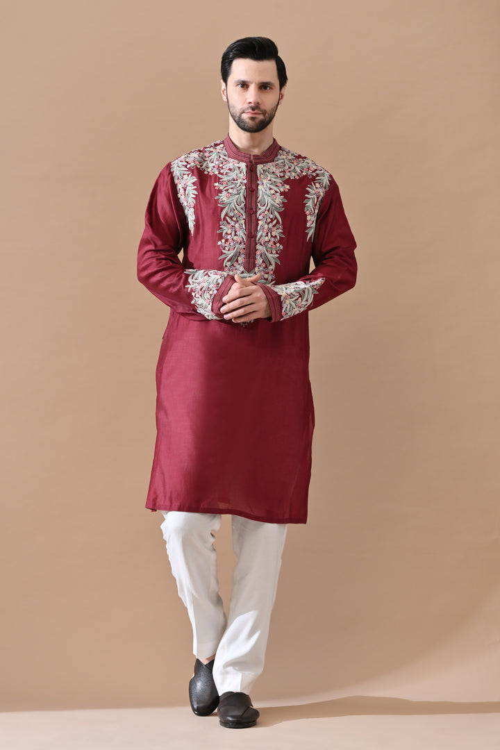 Maroon Signature Embroidery Kurta Set