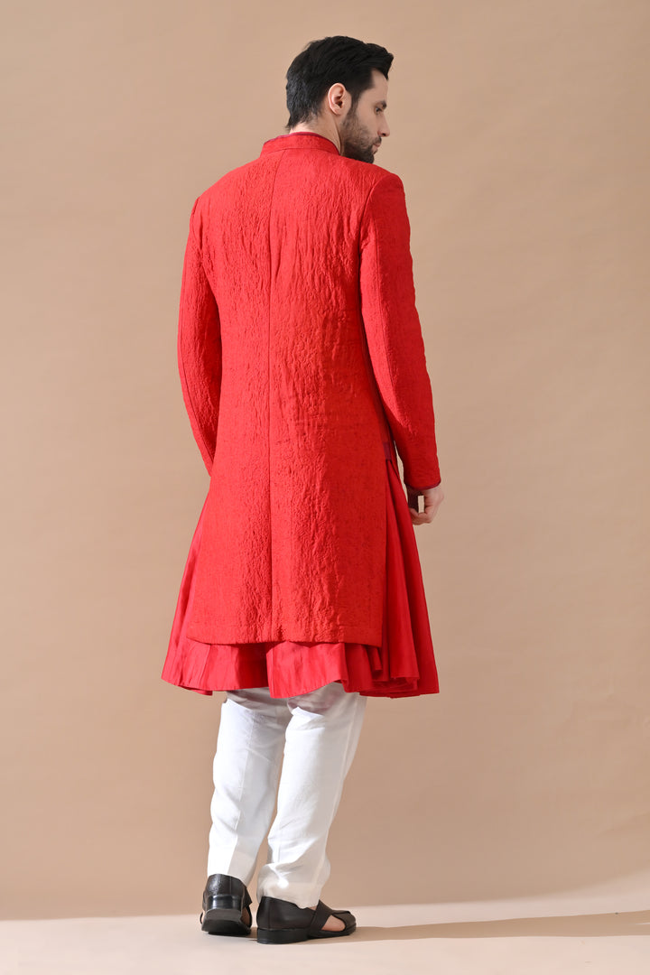 Shahi Red Classic Sand Textured Sherwani