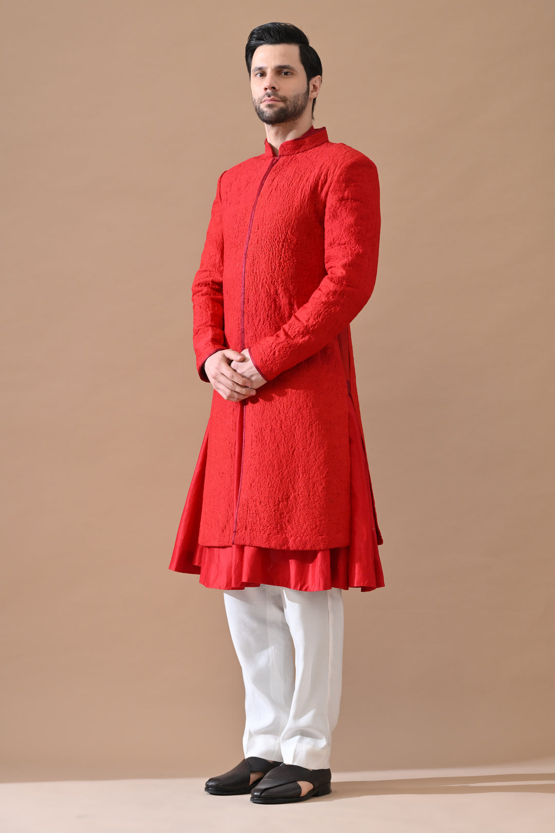 Shahi Red Classic Sand Textured Sherwani