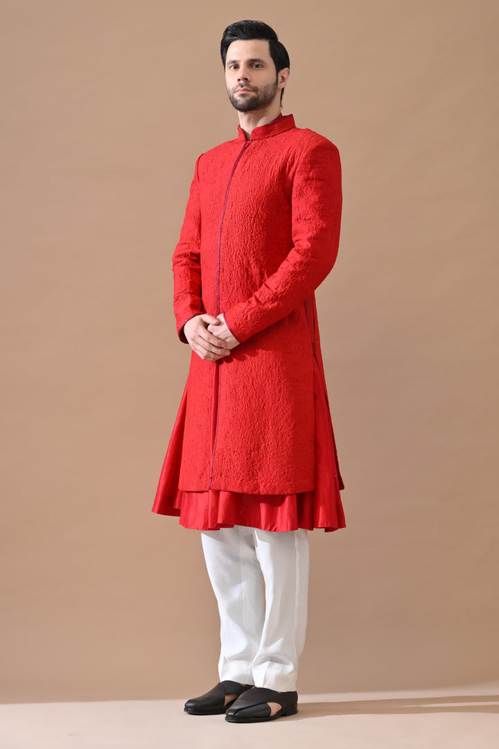 Shahi Red Classic Sand Textured Sherwani