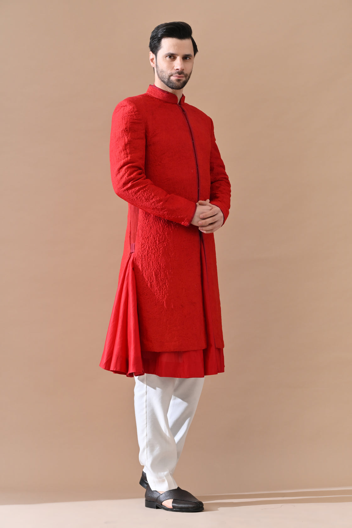 Shahi Red Classic Sand Textured Sherwani