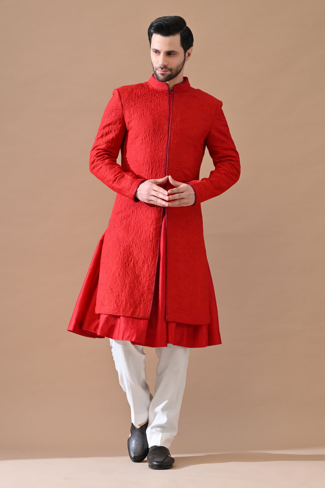Shahi Red Classic Sand Textured Sherwani
