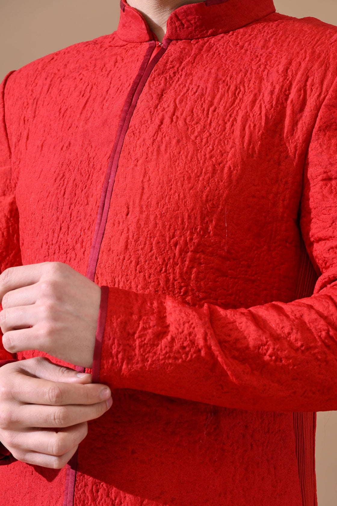 Shahi Red Classic Sand Textured Sherwani