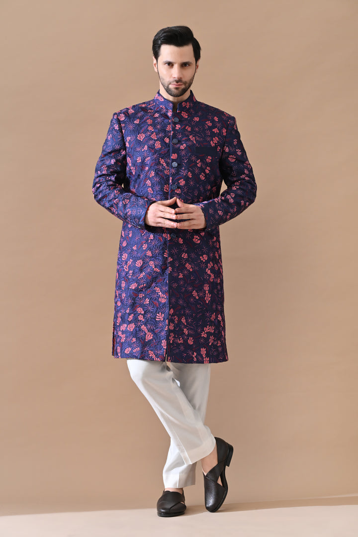 Royal Blue Statement Floral Sherwani