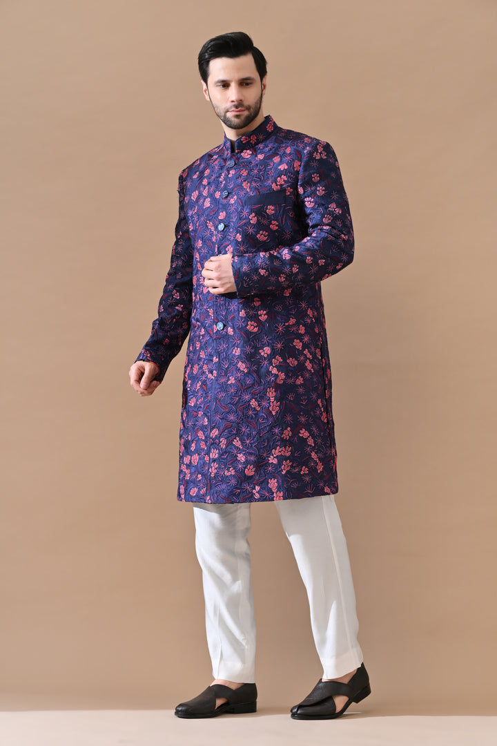 Royal Blue Statement Floral Sherwani
