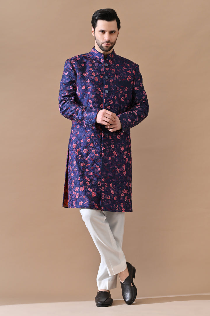 Royal Blue Statement Floral Sherwani