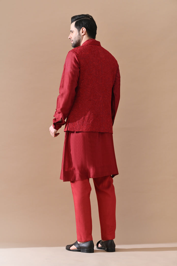Deep Maroon Embroidered Waistcoat Kurta Set