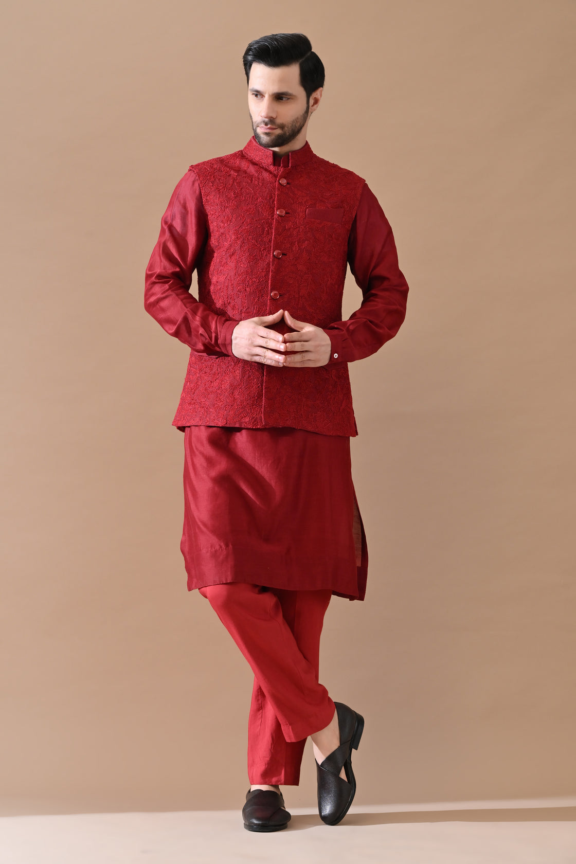 Deep Maroon Embroidered Waistcoat Kurta Set