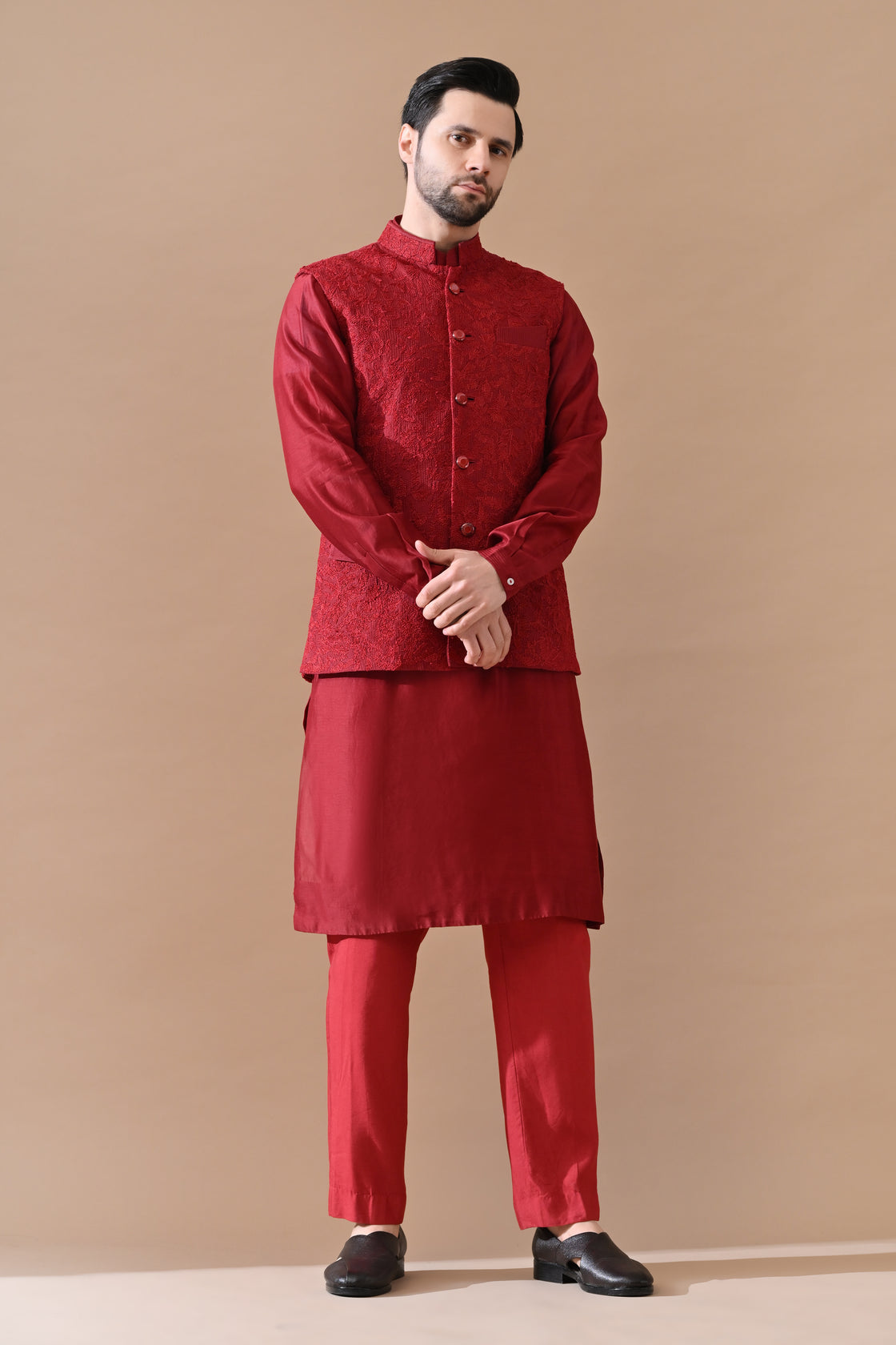 Deep Maroon Embroidered Waistcoat Kurta Set