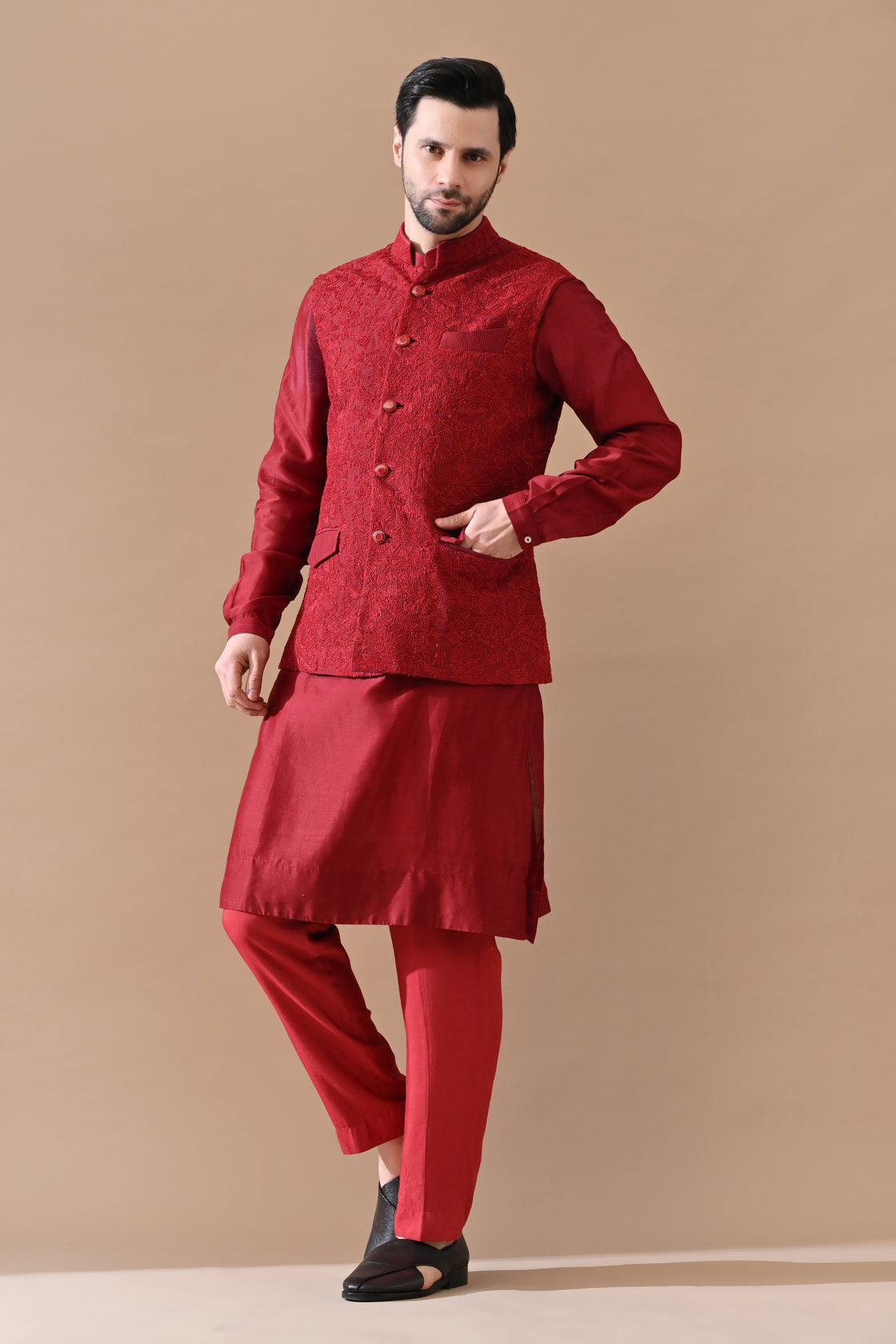 Deep Maroon Embroidered Waistcoat Kurta Set