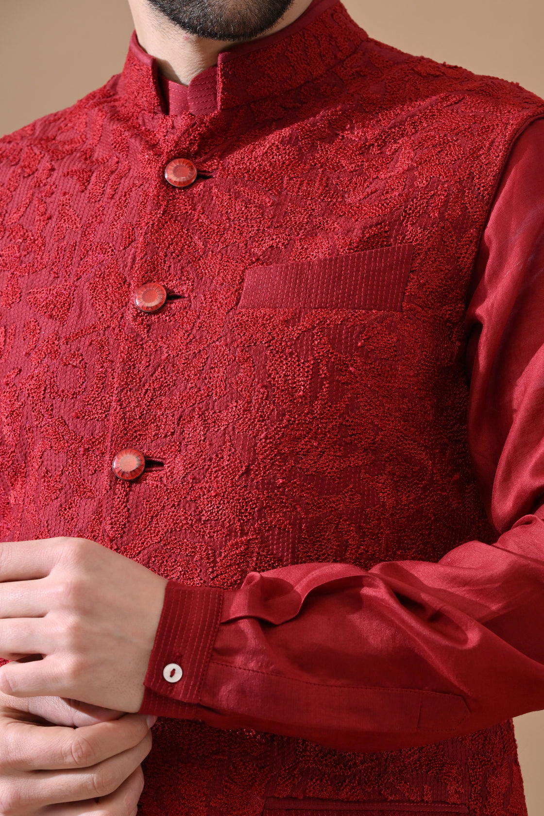 Deep Maroon Embroidered Waistcoat Kurta Set