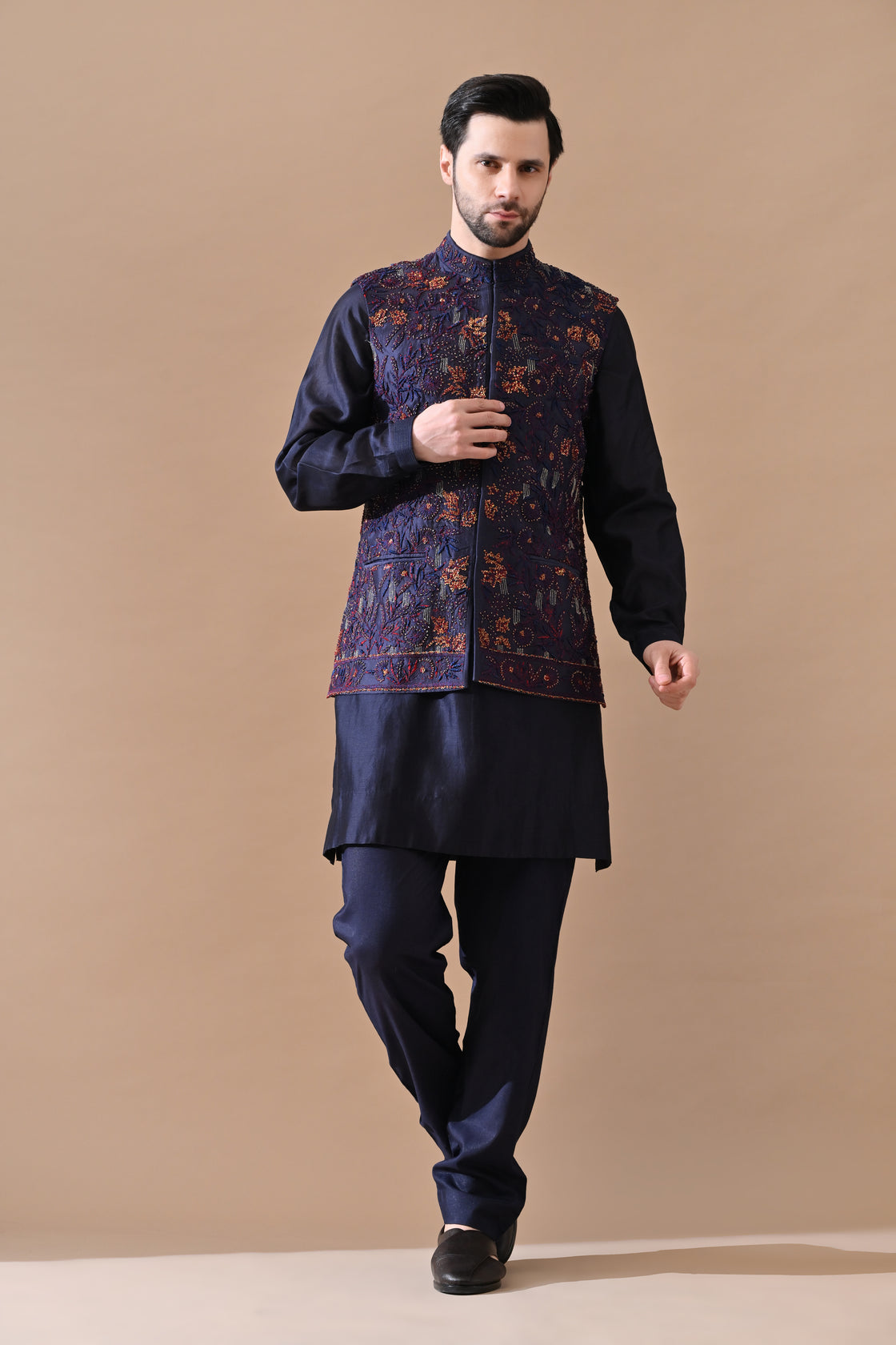 Deep blue Silk Bundi Jacket Set