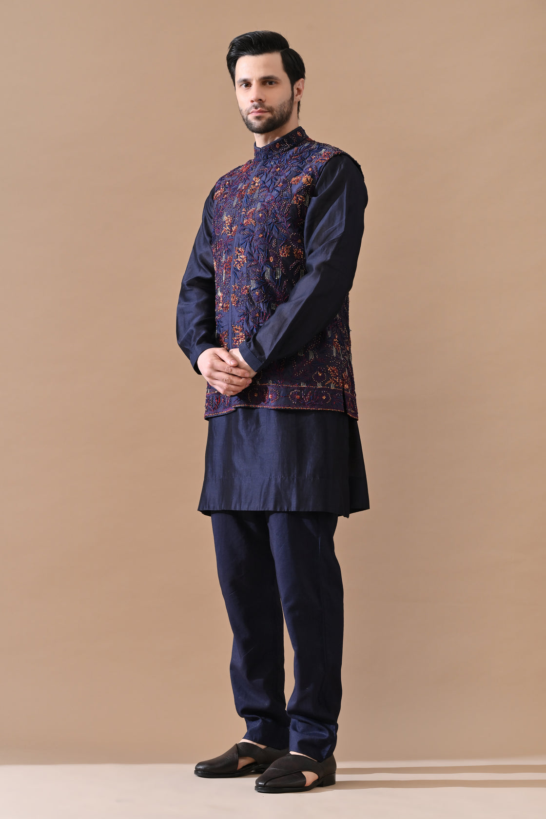 Deep blue Silk Bundi Jacket Set