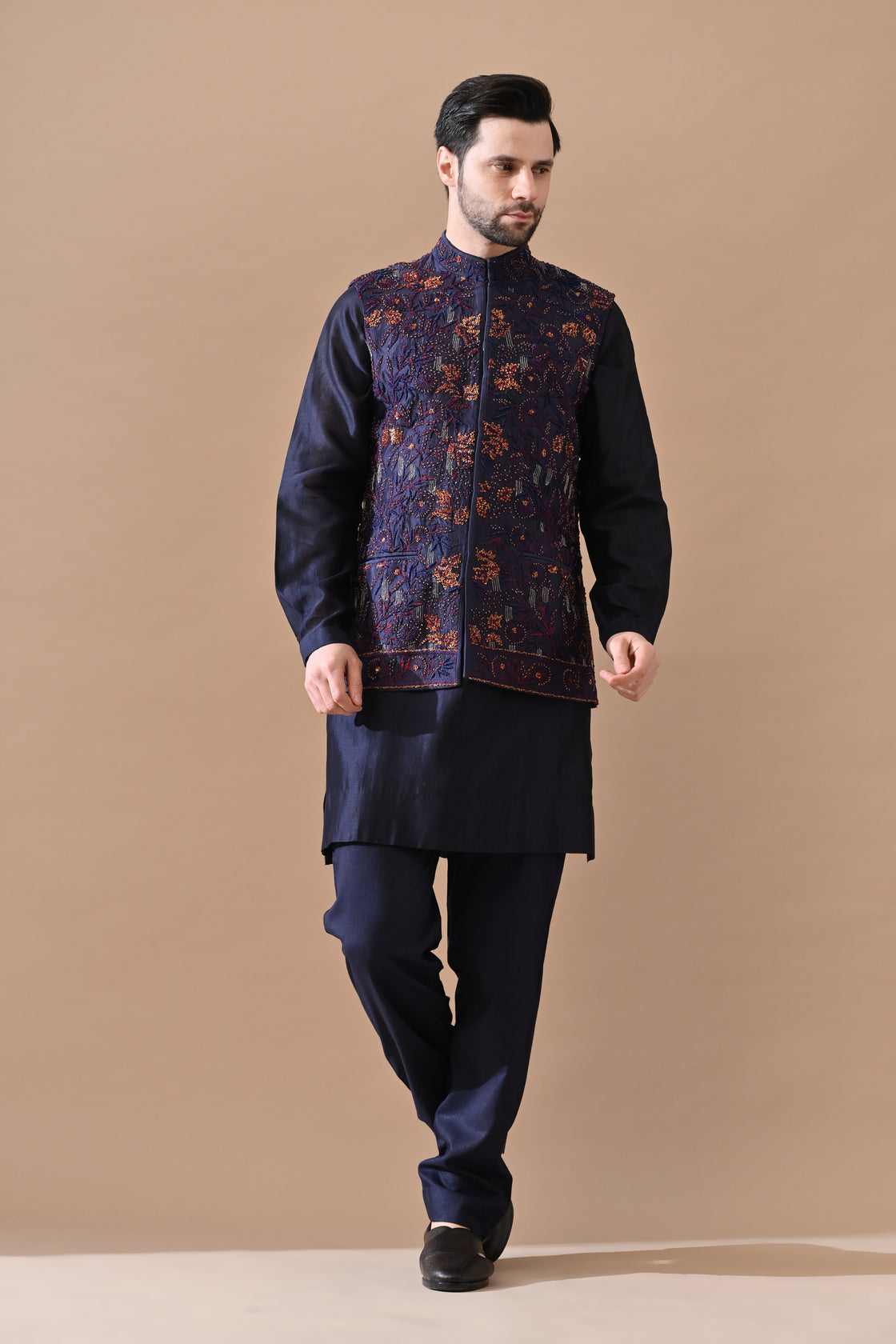 Deep blue Silk Bundi Jacket Set