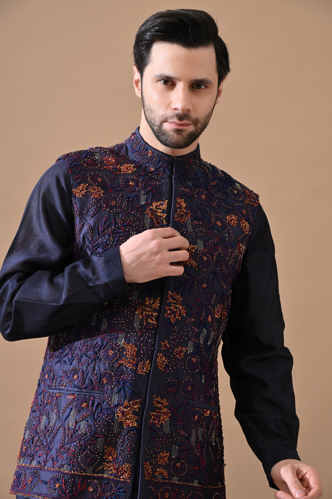 Deep blue Silk Bundi Jacket Set