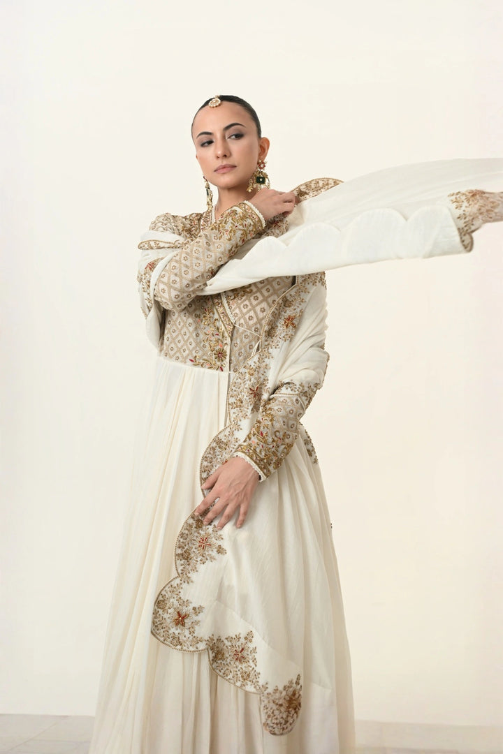 Ivory Geometric Jaal Angrakha Anarkali
