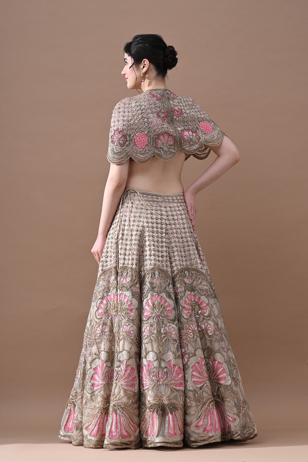 Blush Rose &amp; Antique Gold Floral Handwork Lehenga