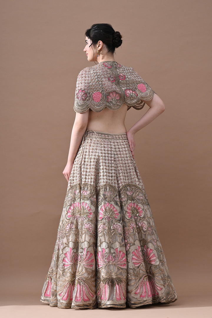 Blush Rose &amp; Antique Gold Floral Handwork Lehenga