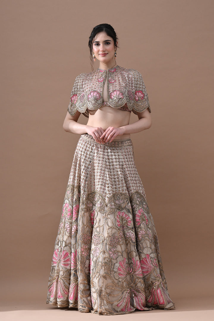 Blush Rose &amp; Antique Gold Floral Handwork Lehenga