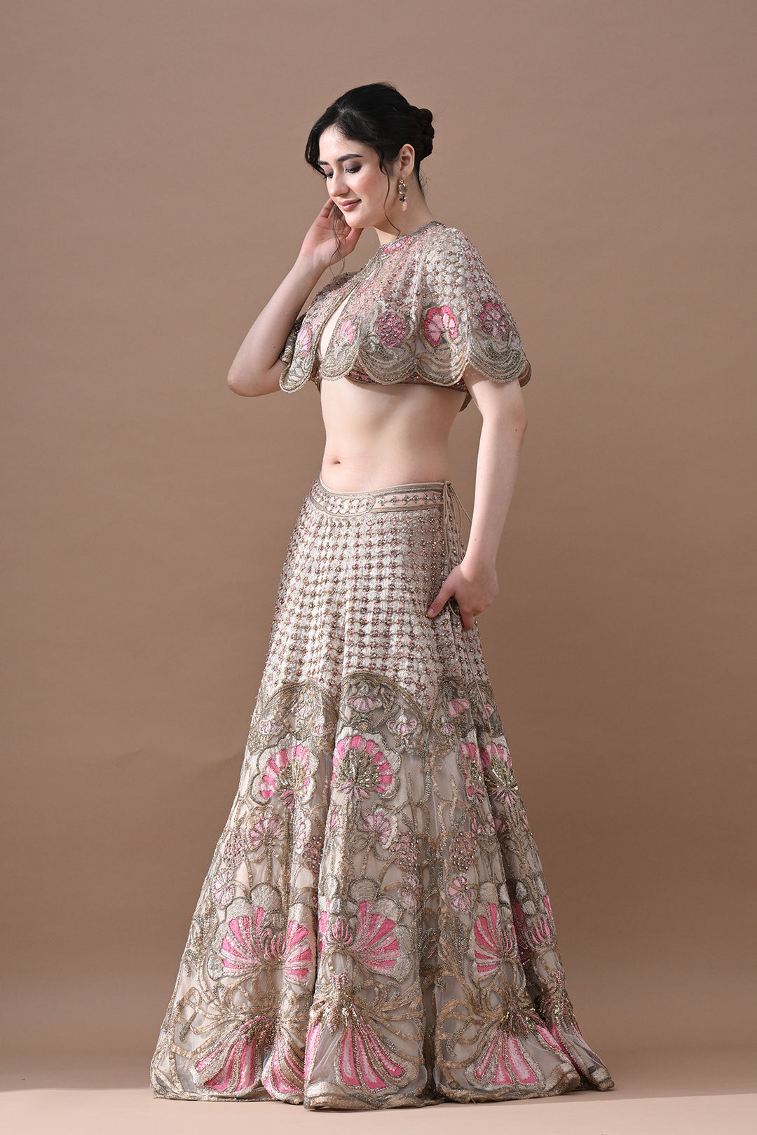 Blush Rose &amp; Antique Gold Floral Handwork Lehenga