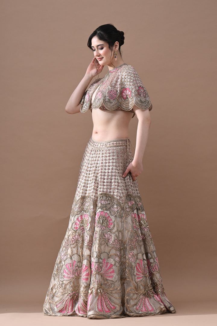 Blush Rose &amp; Antique Gold Floral Handwork Lehenga