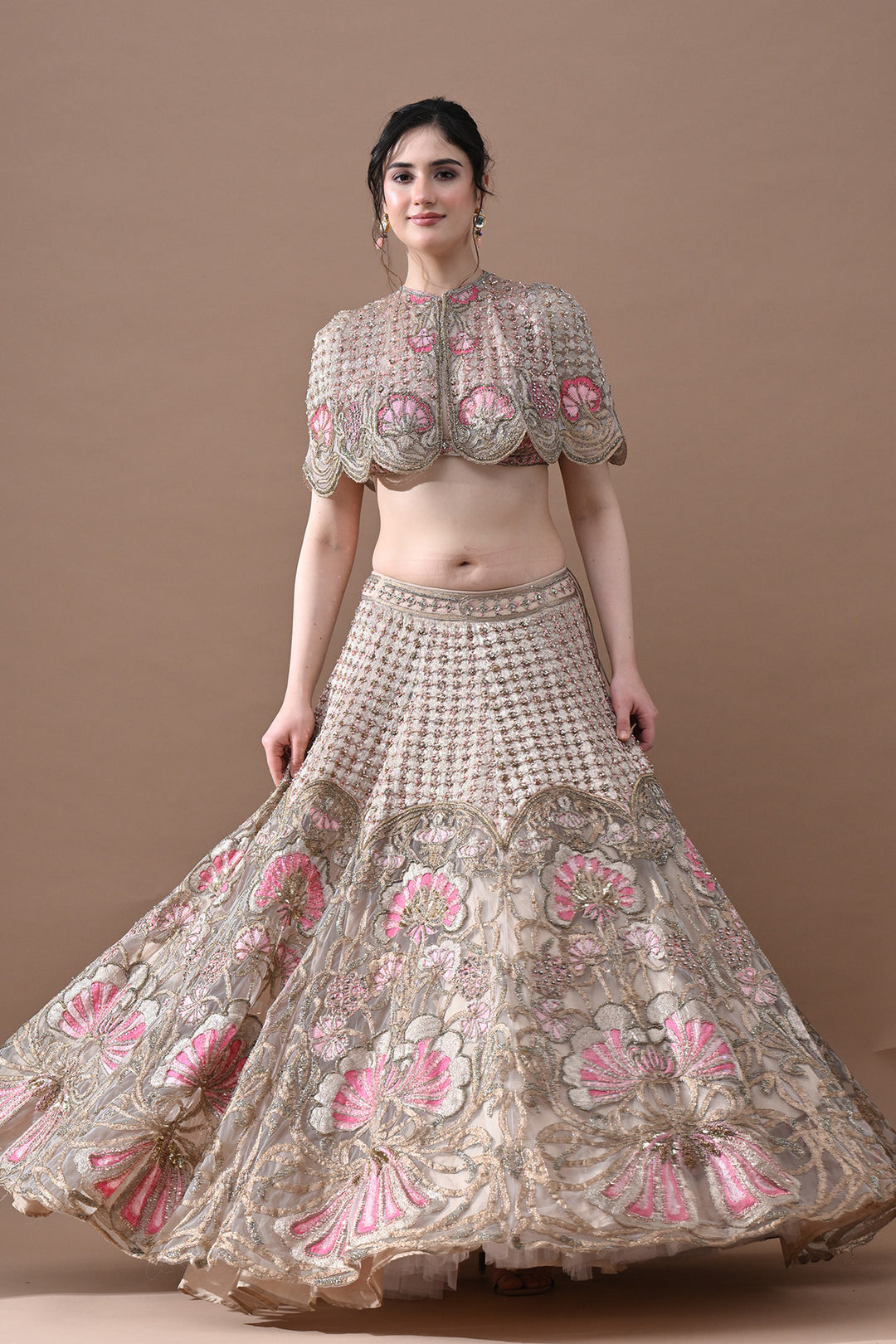 Blush Rose &amp; Antique Gold Floral Handwork Lehenga