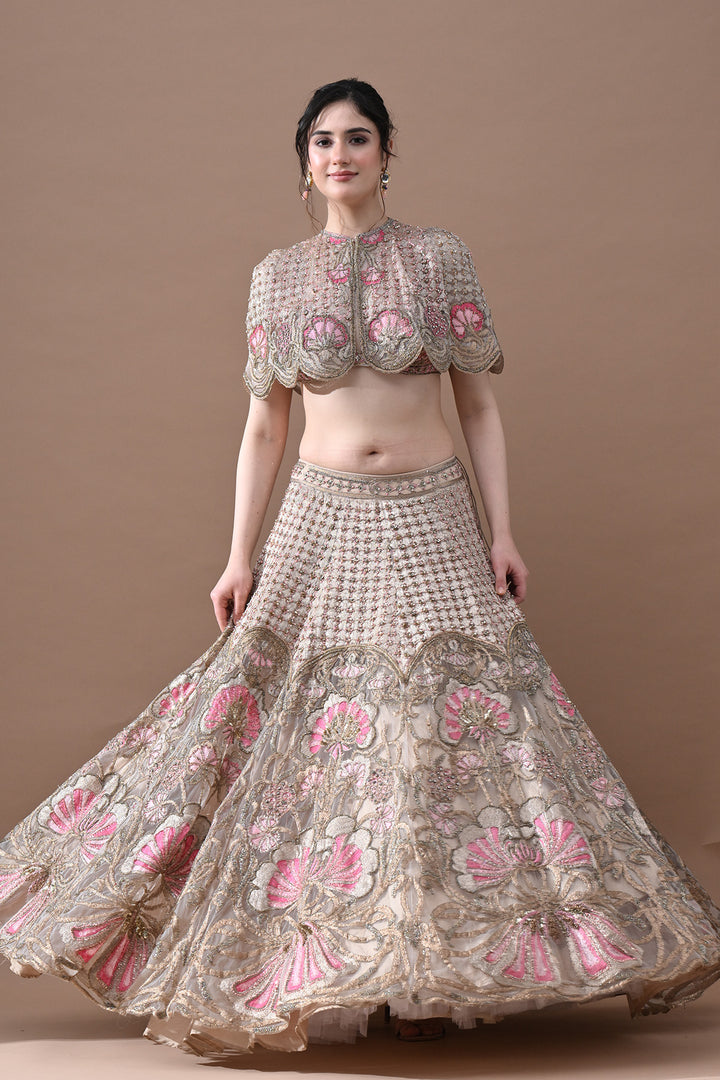 Blush Rose &amp; Antique Gold Floral Handwork Lehenga