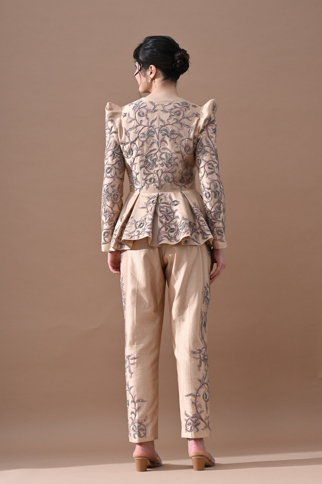Champagne Beige Embroidered Peplum Ensemble