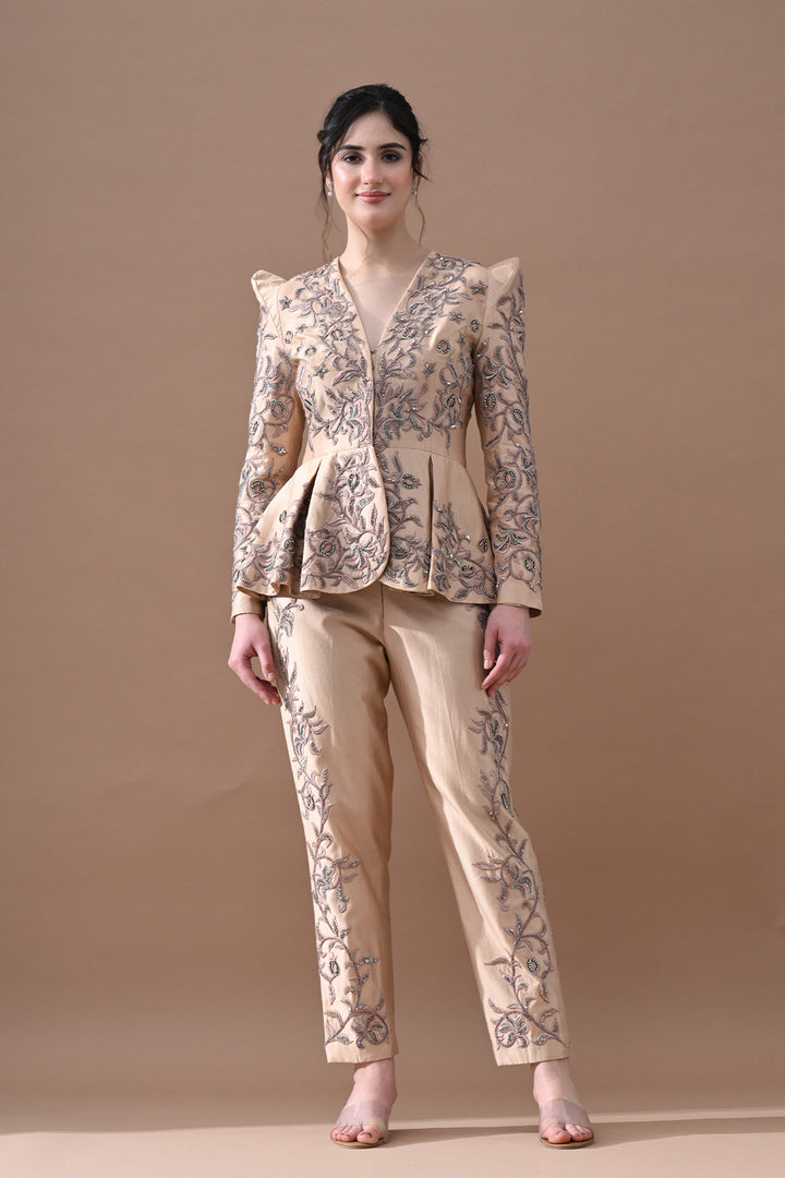 Champagne Beige Embroidered Peplum Ensemble