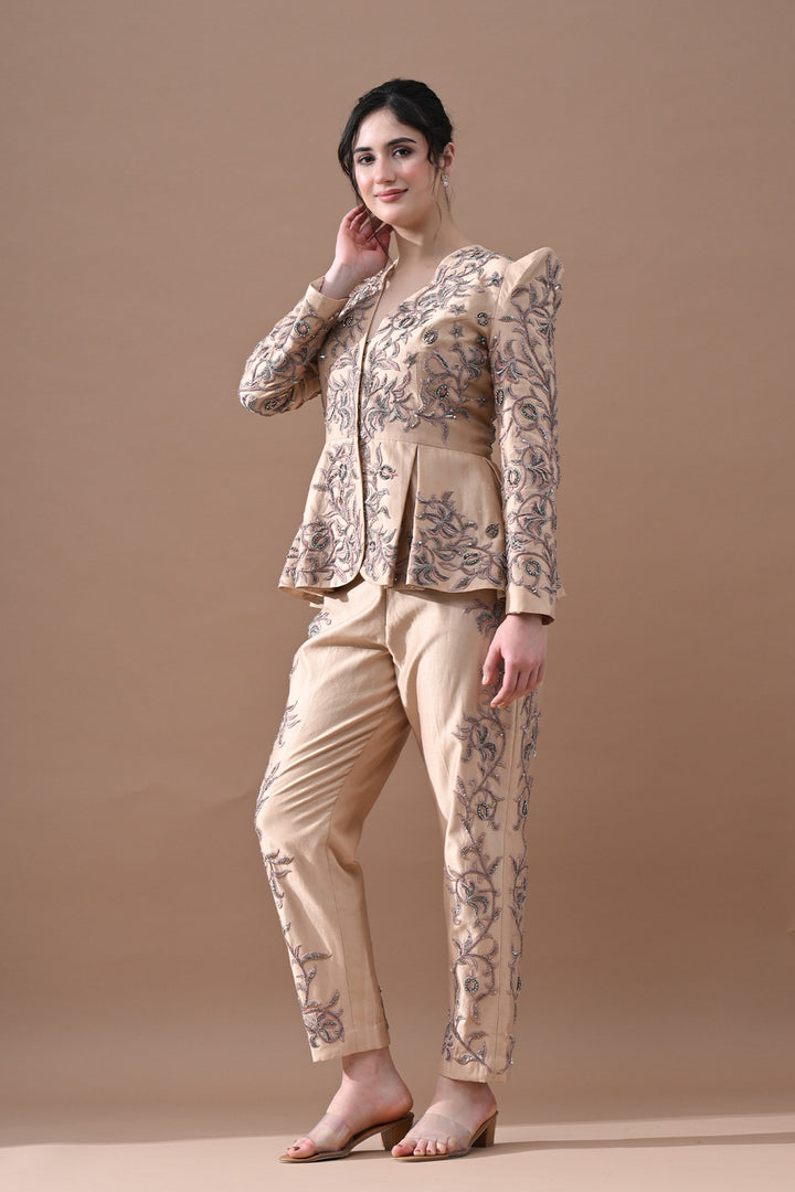 Champagne Beige Embroidered Peplum Ensemble