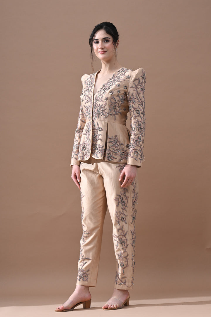 Champagne Beige Embroidered Peplum Ensemble