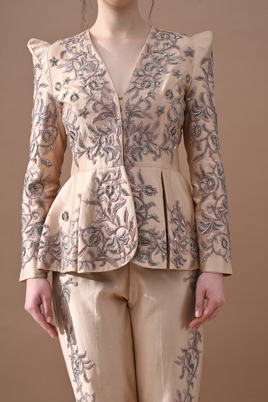 Champagne Beige Embroidered Peplum Ensemble
