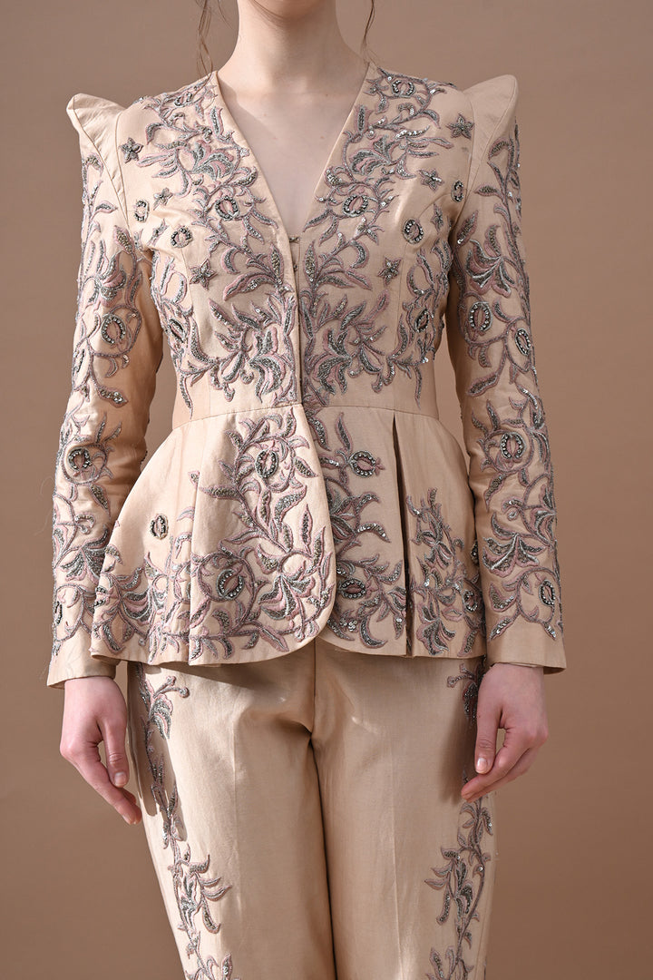 Champagne Beige Embroidered Peplum Ensemble
