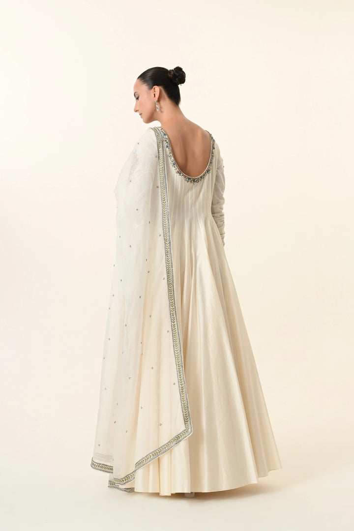 Ivory Scoop-Neck Pleated Anarkali with Dupatta