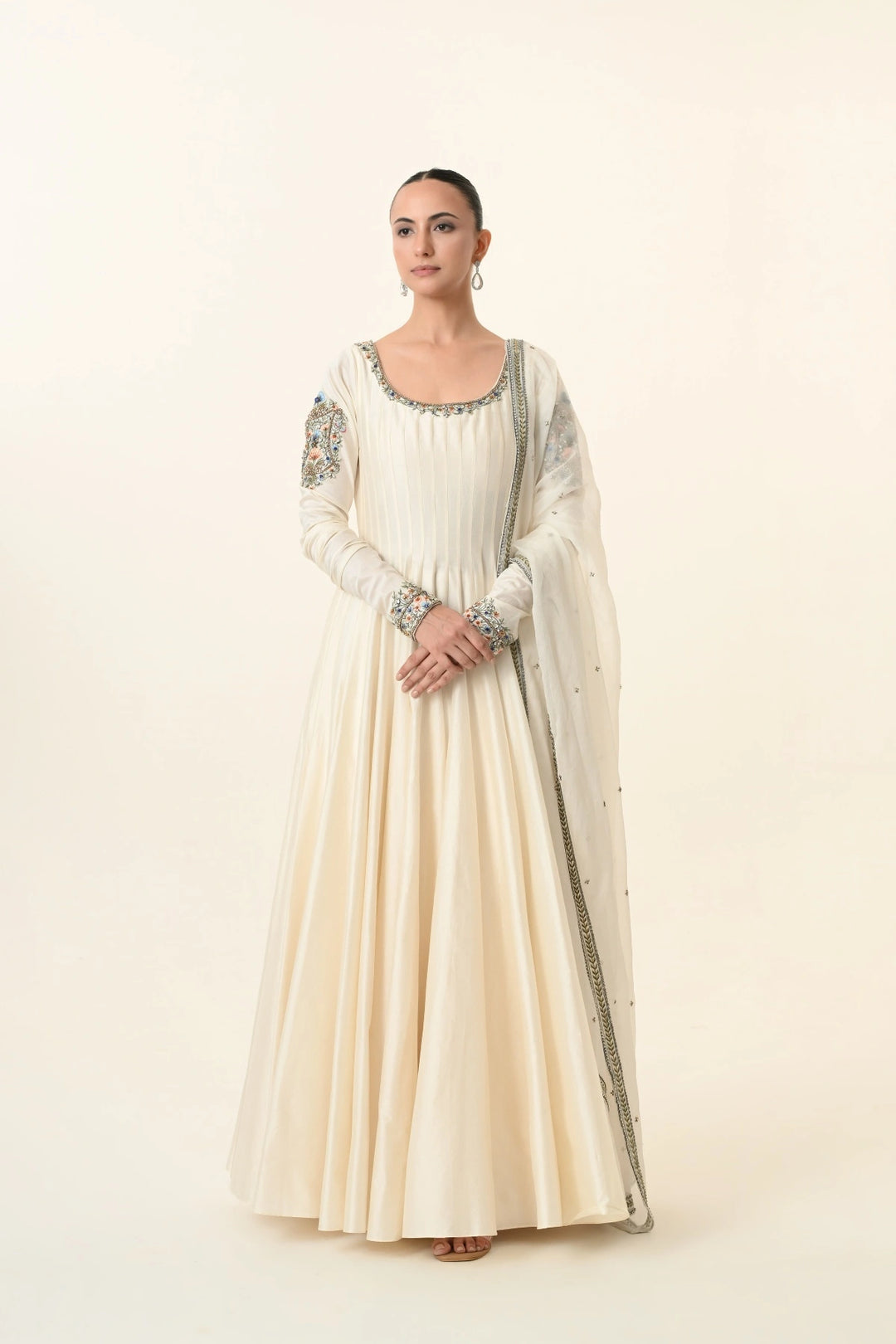 Ivory Scoop-Neck Pleated Anarkali with Dupatta