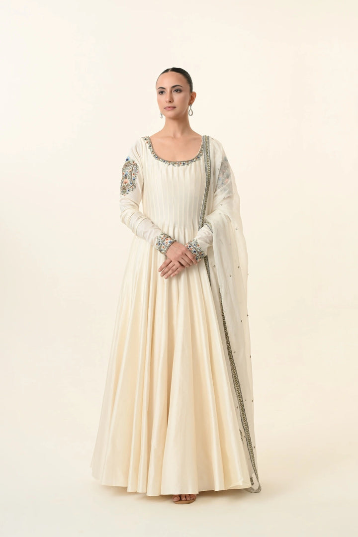 Ivory Scoop-Neck Pleated Anarkali with Dupatta