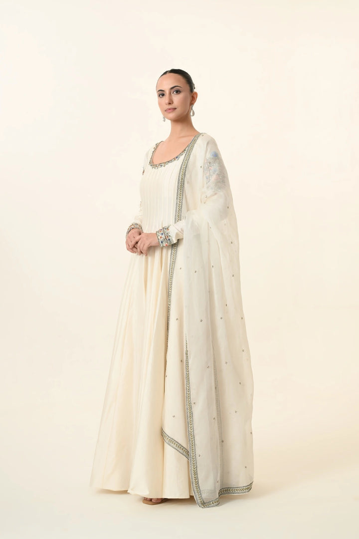 Ivory Scoop-Neck Pleated Anarkali with Dupatta