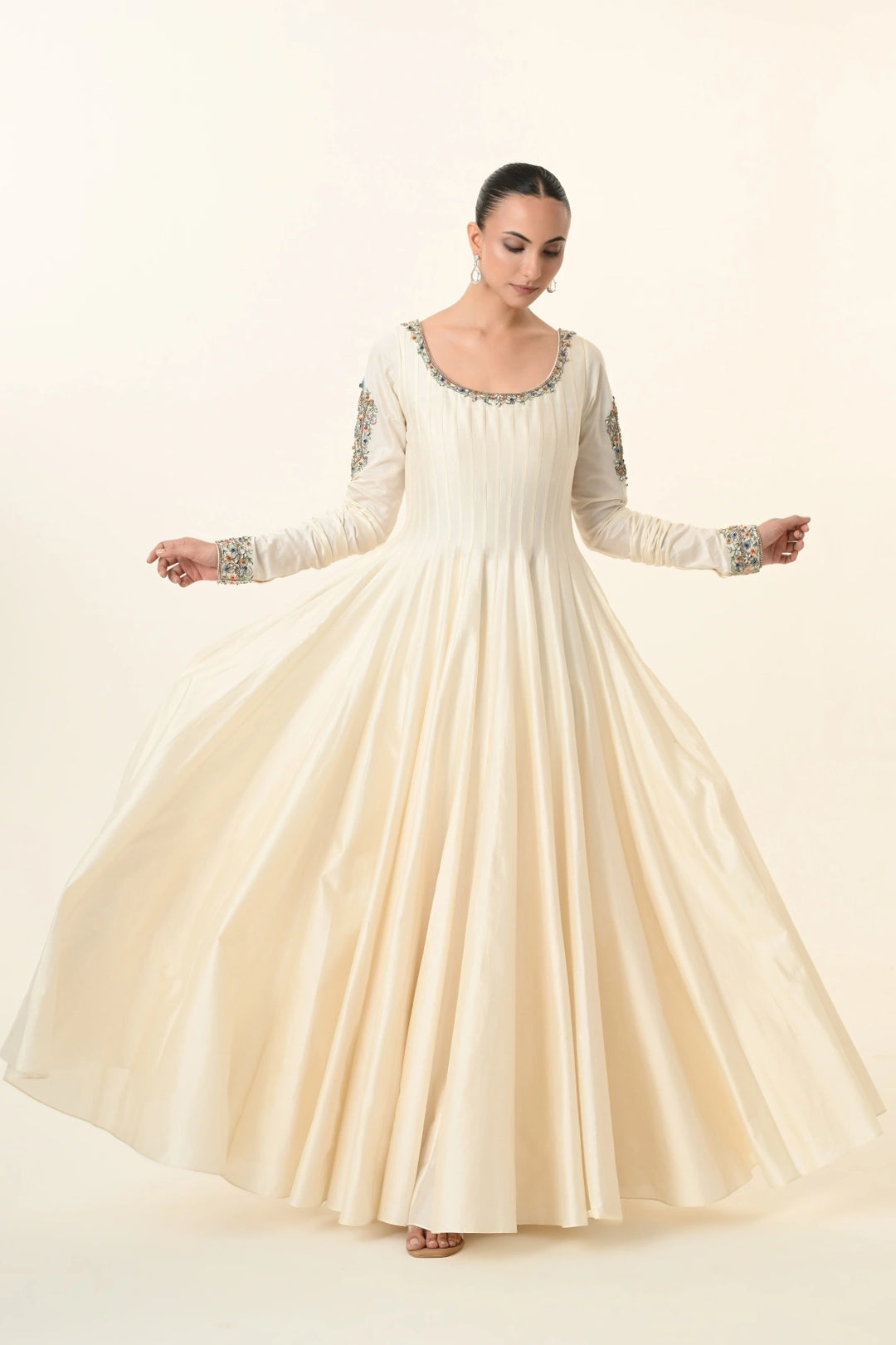 Ivory Scoop-Neck Pleated Anarkali with Dupatta
