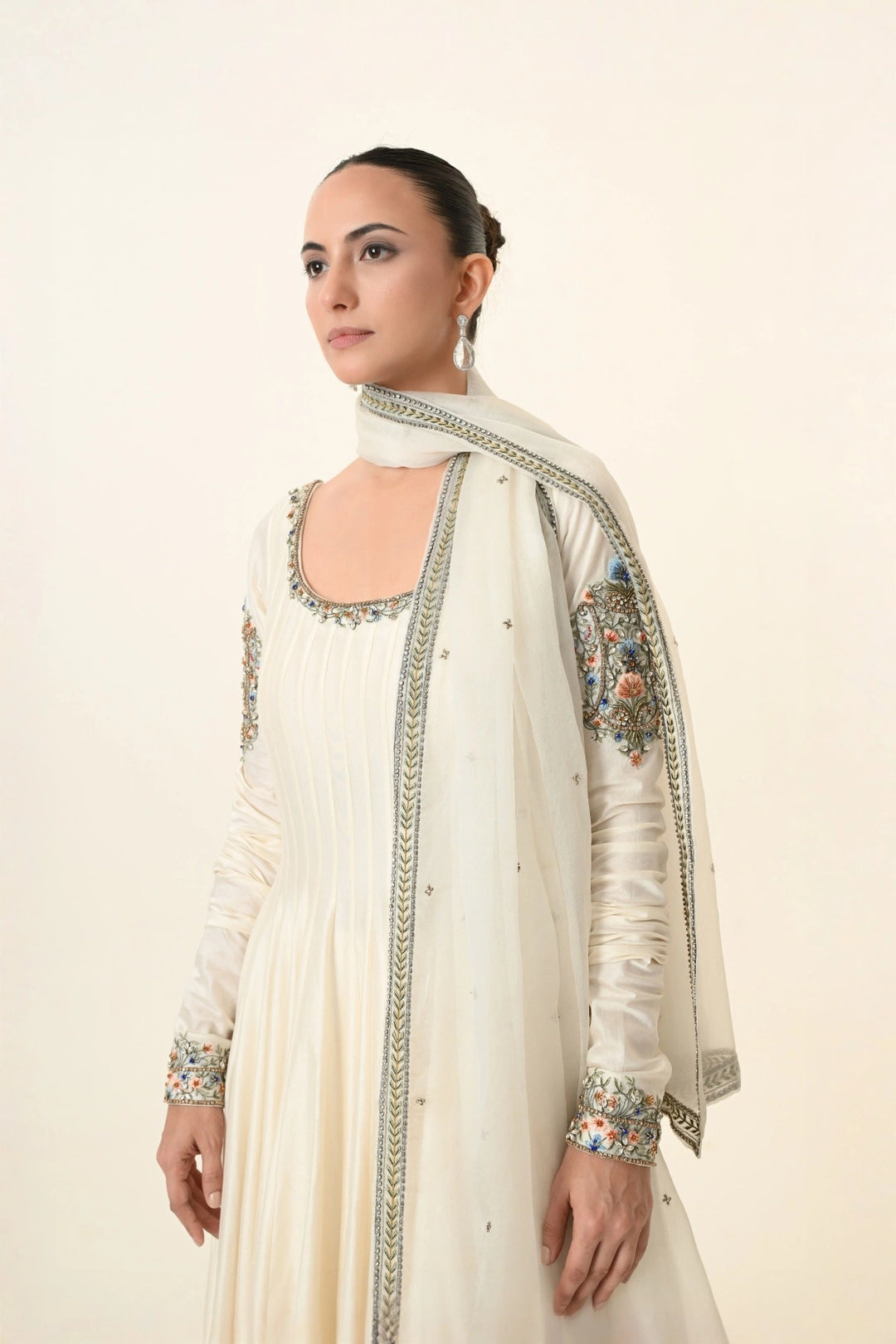 Ivory Scoop-Neck Pleated Anarkali with Dupatta