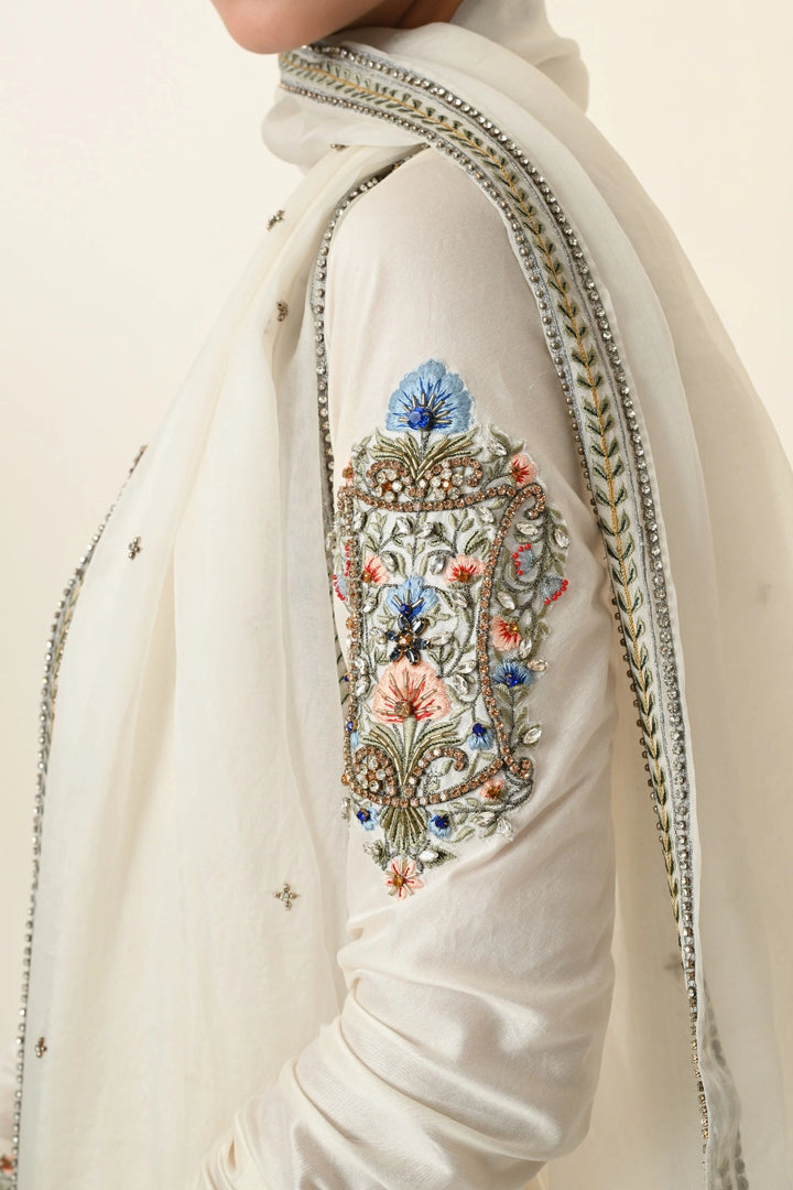Ivory Scoop-Neck Pleated Anarkali with Dupatta