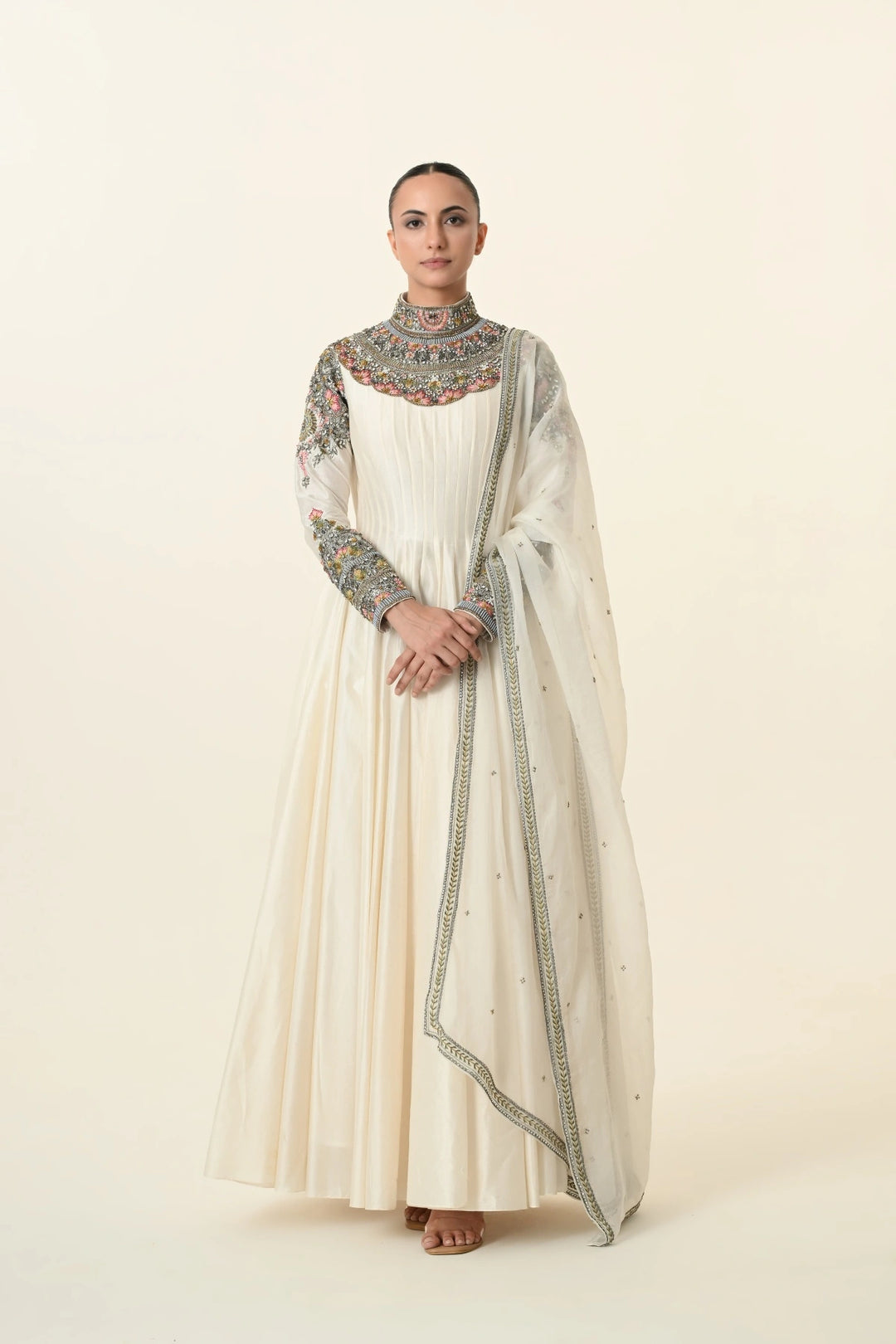 Ivory Ornate High-Neck Multicolour Anarkali