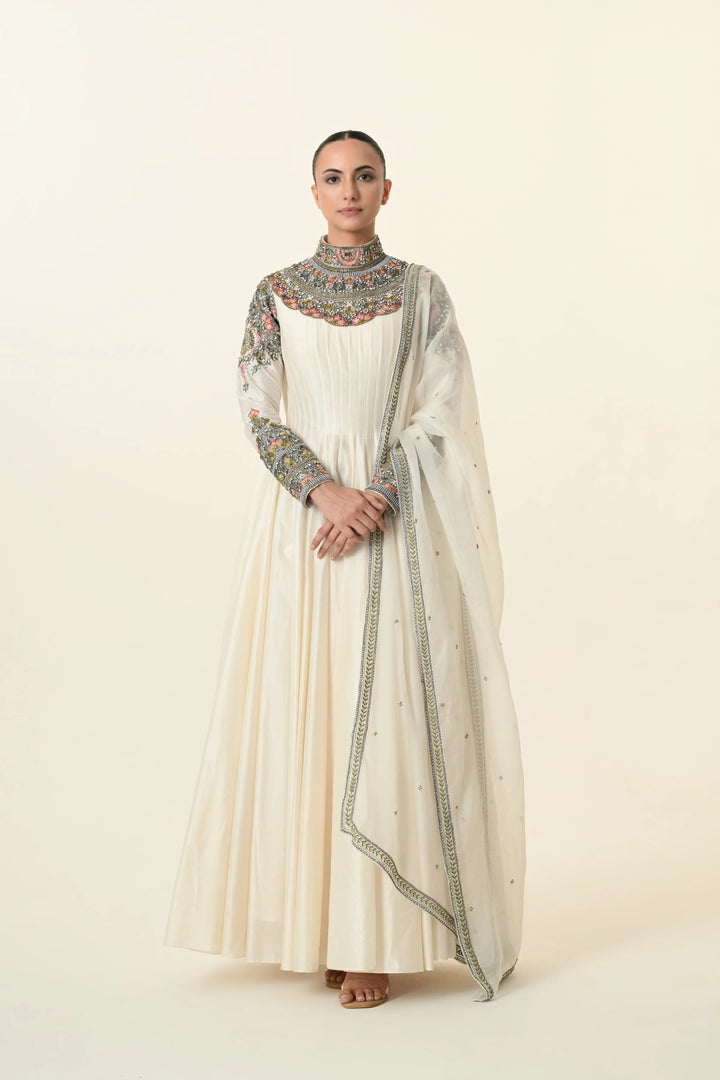 Ivory Ornate High-Neck Multicolour Anarkali