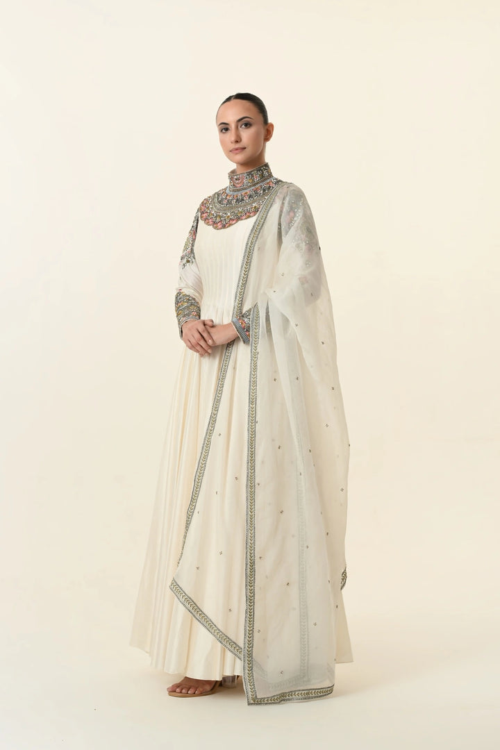 Ivory Ornate High-Neck Multicolour Anarkali