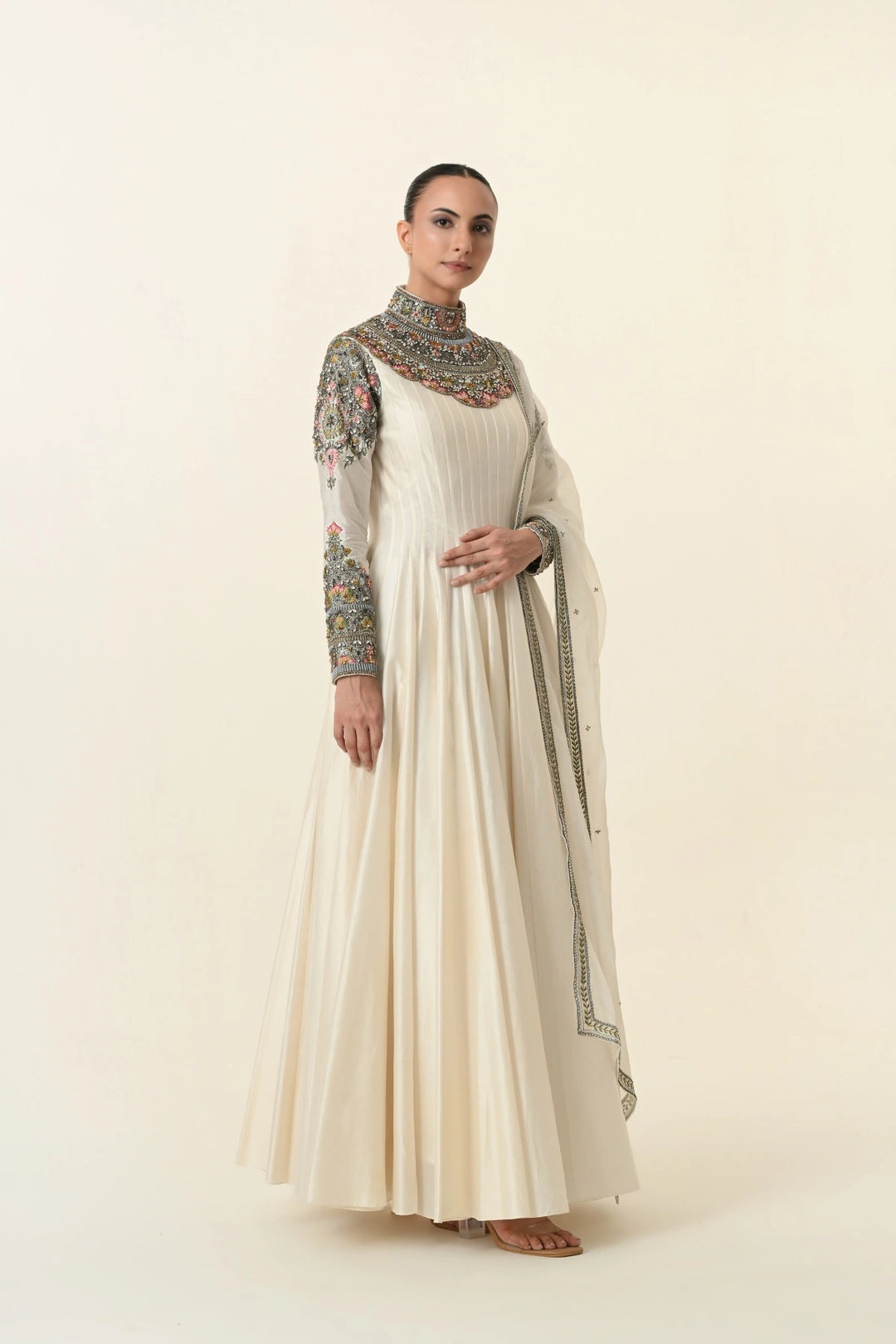 Ivory Ornate High-Neck Multicolour Anarkali