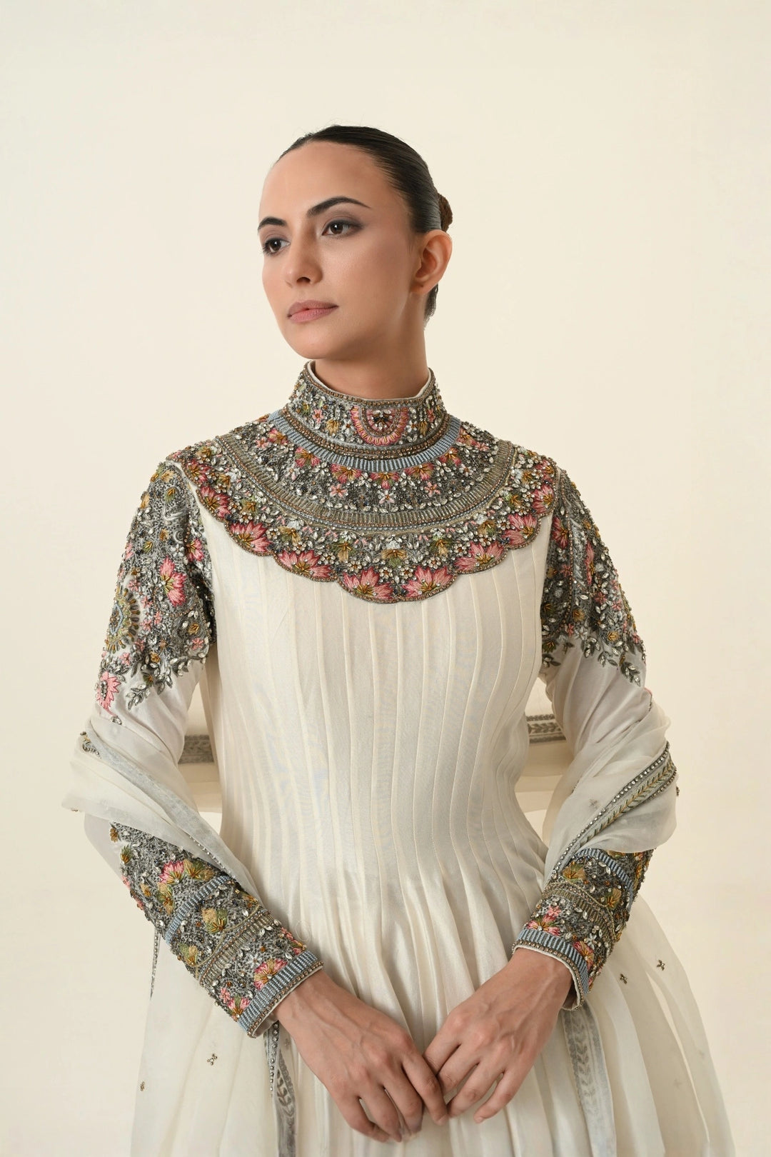 Ivory Ornate High-Neck Multicolour Anarkali