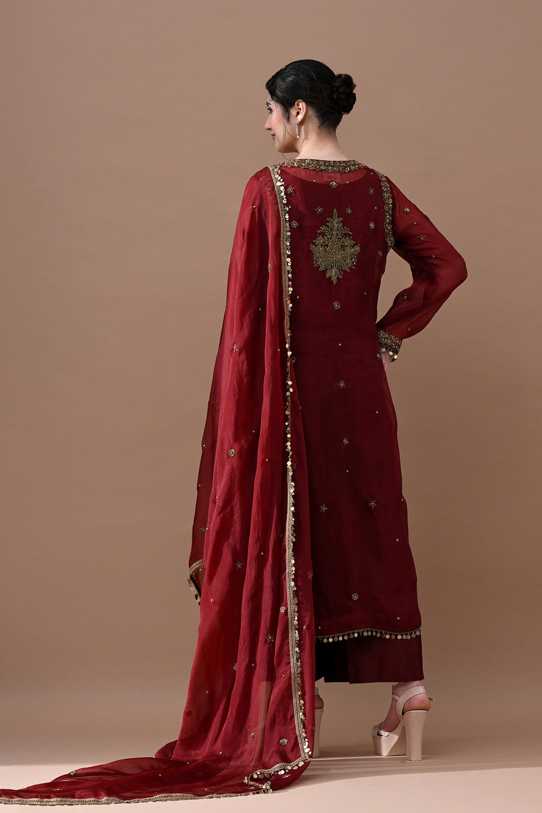 Maroon Red Floral Embroidered Suit Set