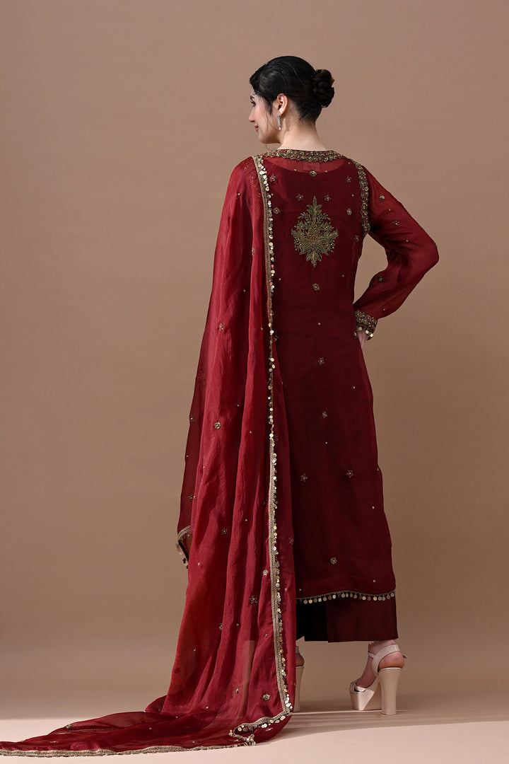 Maroon Red Floral Embroidered Suit Set